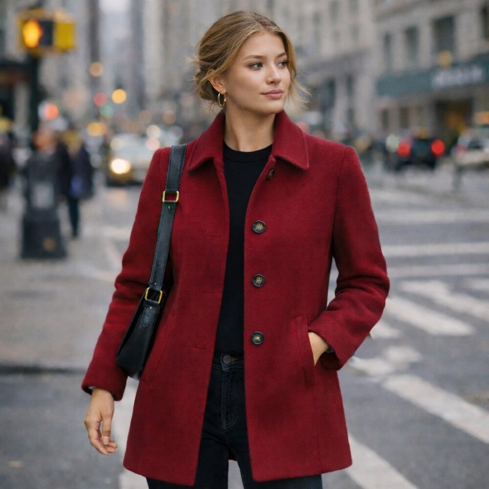 NWT Women's Red Wool Trench Coat Size M - Picture 2 of 16